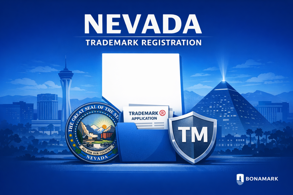 Nevada trademark registration hero with state outline, seal and legal protection elements