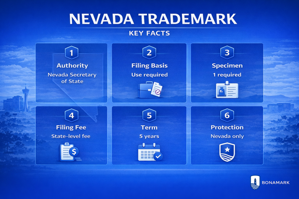 Nevada trademark registration key facts including authority, filing basis, specimen, fee, term and protection