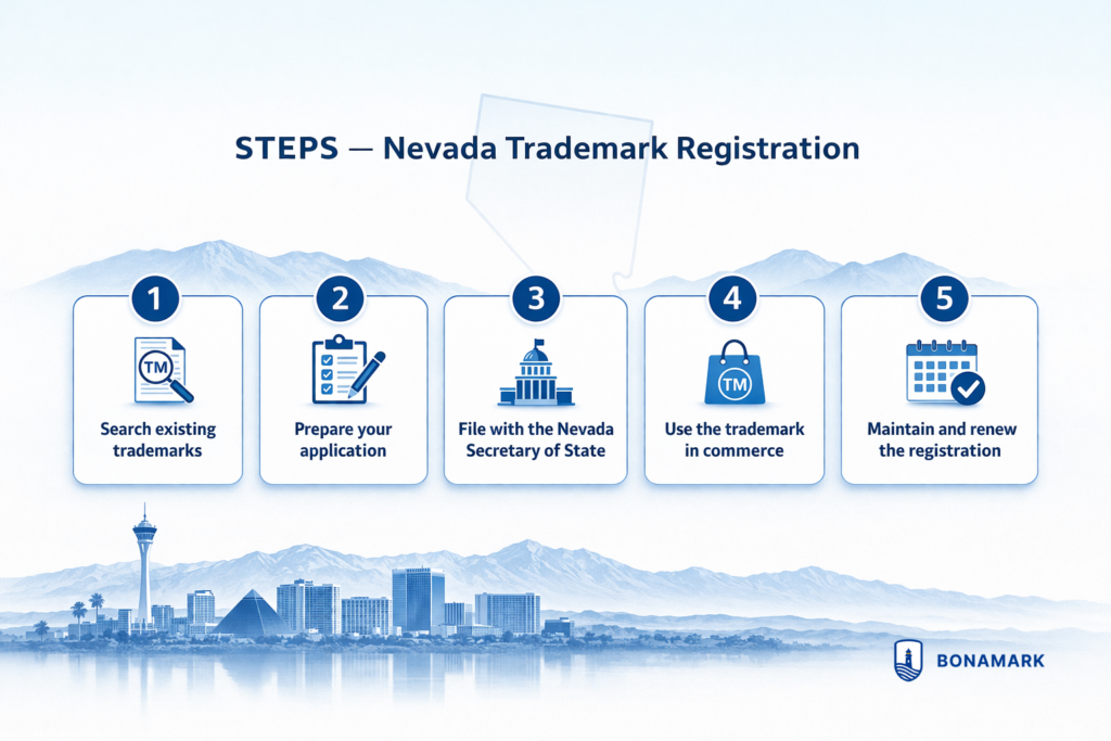 Steps to register a trademark in Nevada including search, application, filing, use and renewal