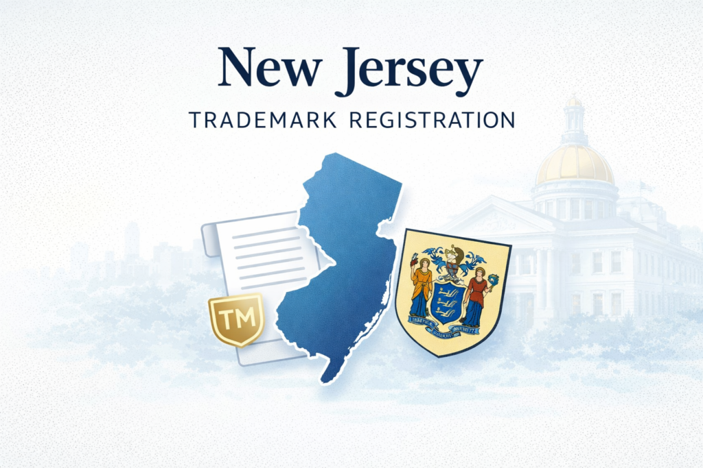 New Jersey trademark registration hero with state outline, coat of arms and legal icons