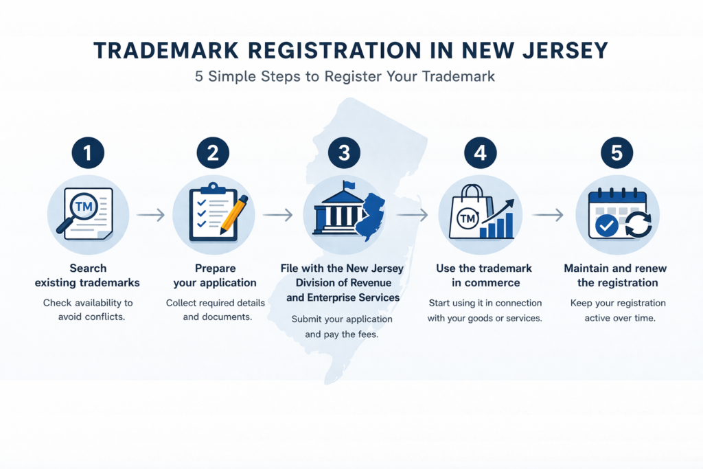 Steps to register a trademark in New Jersey including search, filing, use and renewal process