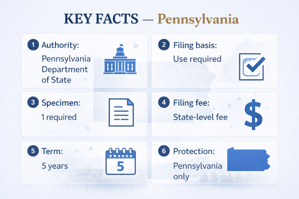 Pennsylvania trademark registration key facts including authority, filing basis, specimen, fee, term and protection
