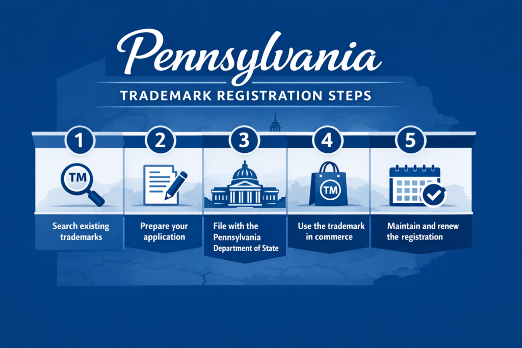 Steps to register a trademark in Pennsylvania including search, filing, use and renewal process