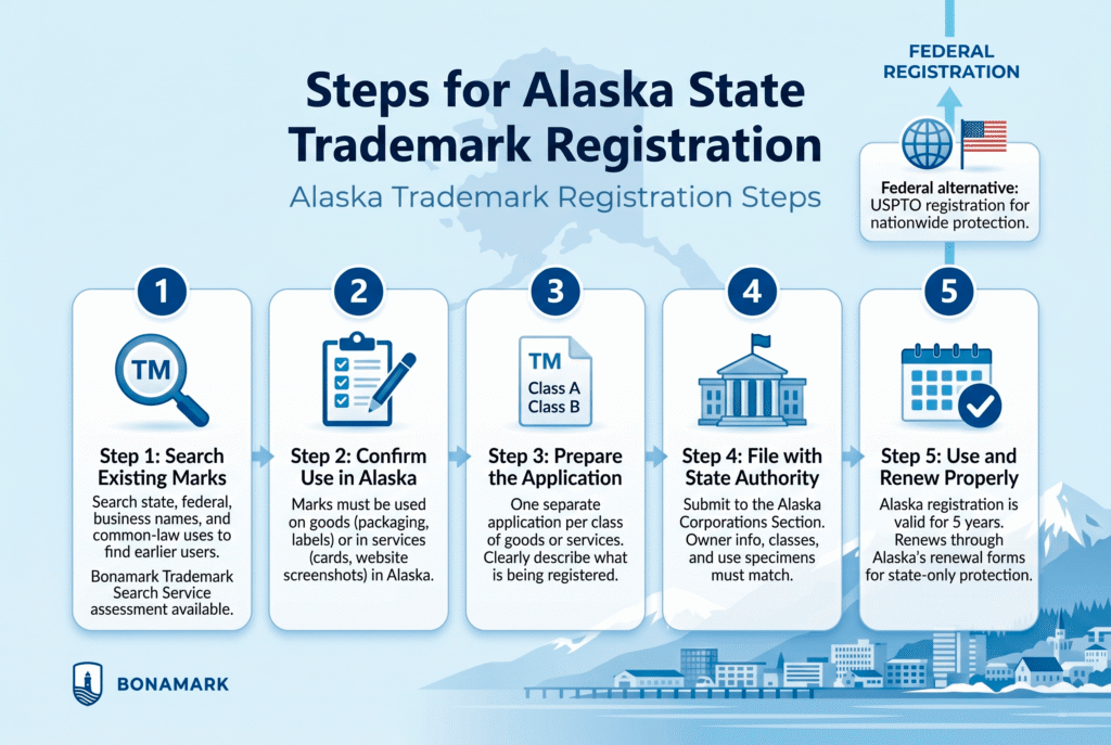 Alaska trademark registration steps infographic