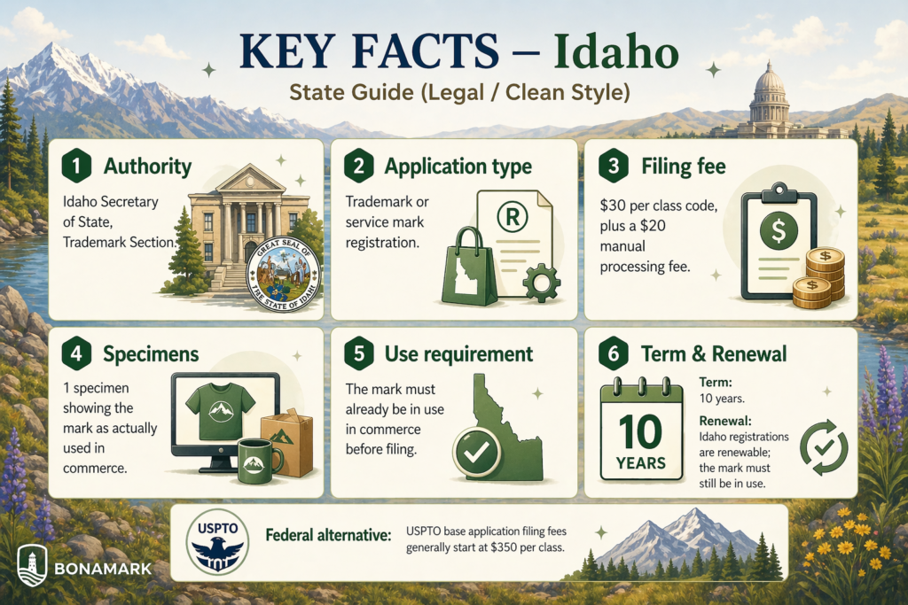 Idaho trademark registration key facts infographic
