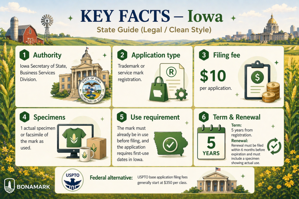 Iowa trademark registration key facts infographic
