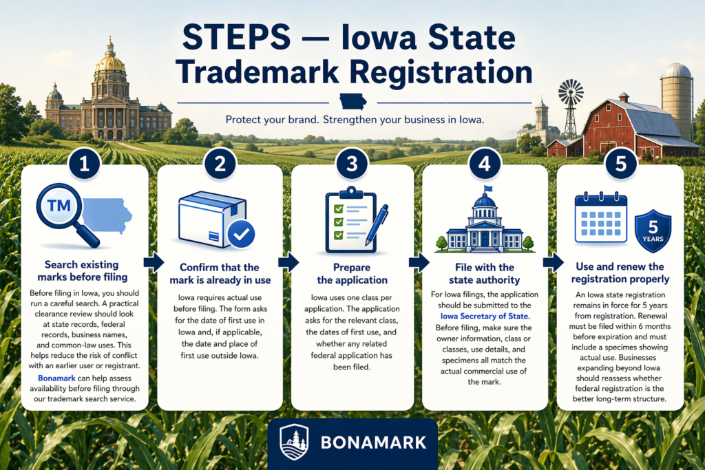 Iowa trademark registration steps infographic