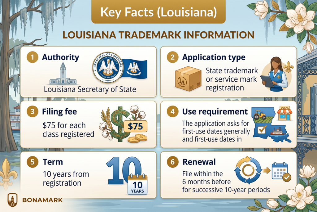 Louisiana trademark registration key facts infographic