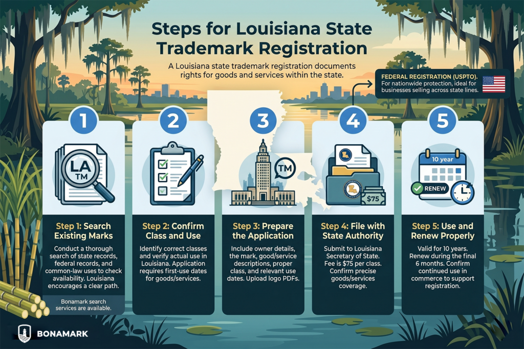 Louisiana trademark registration steps infographic