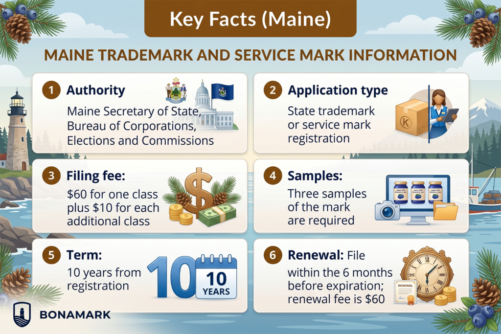 Maine trademark registration key facts infographic