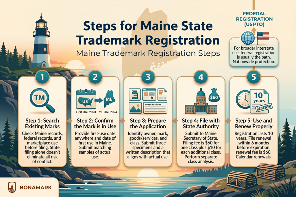 Maine trademark registration steps infographic