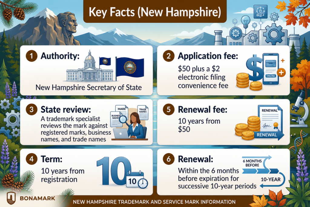 New Hampshire trademark registration key facts infographic