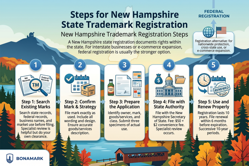New Hampshire trademark registration steps infographic
