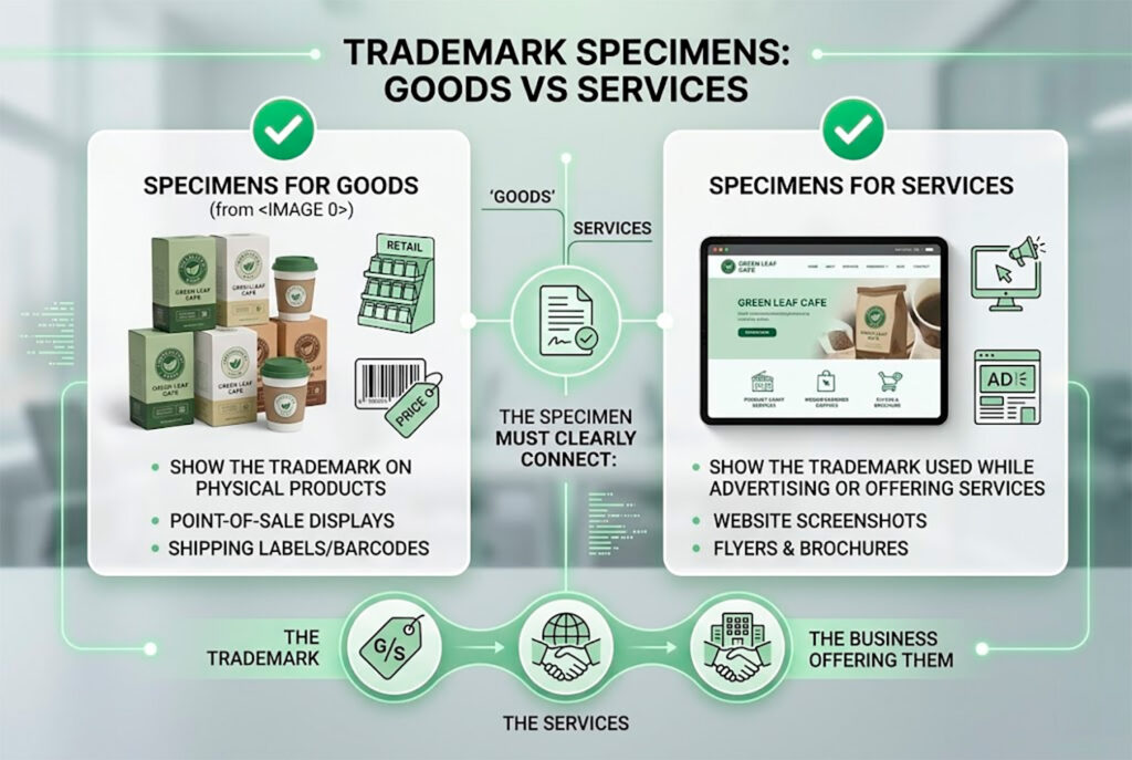 Comparison of trademark specimens for goods and services