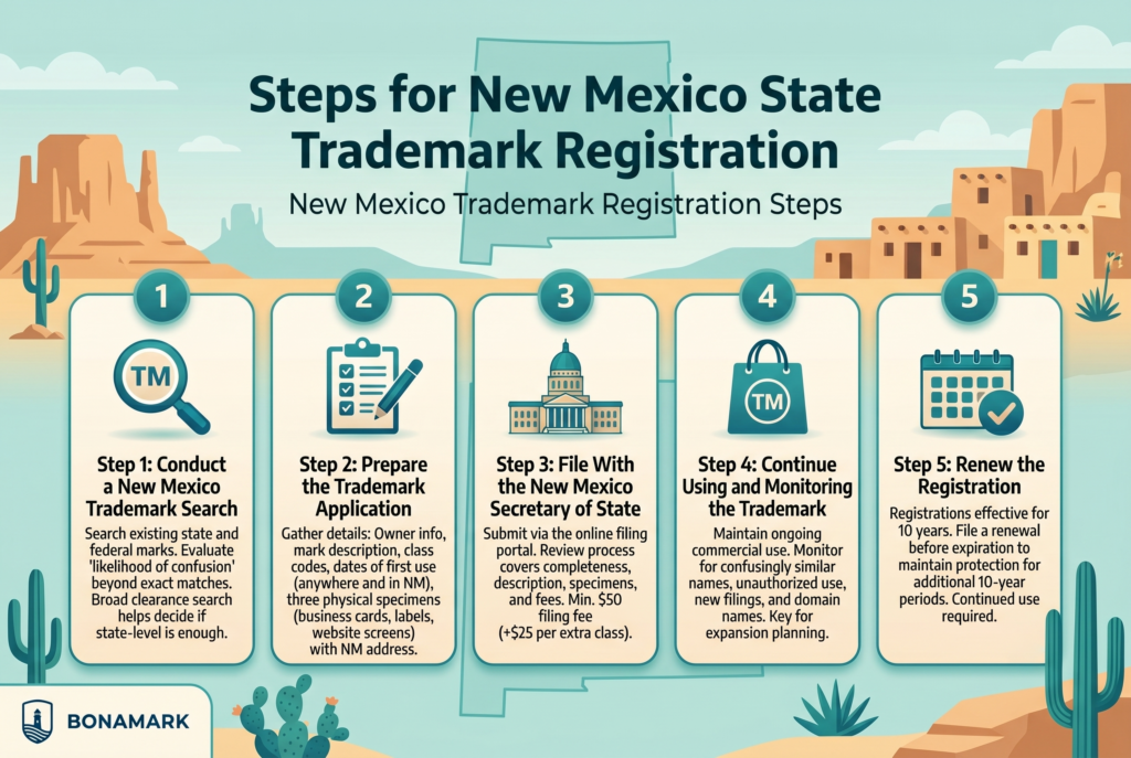 New Mexico Kansas trademark registration steps infographic