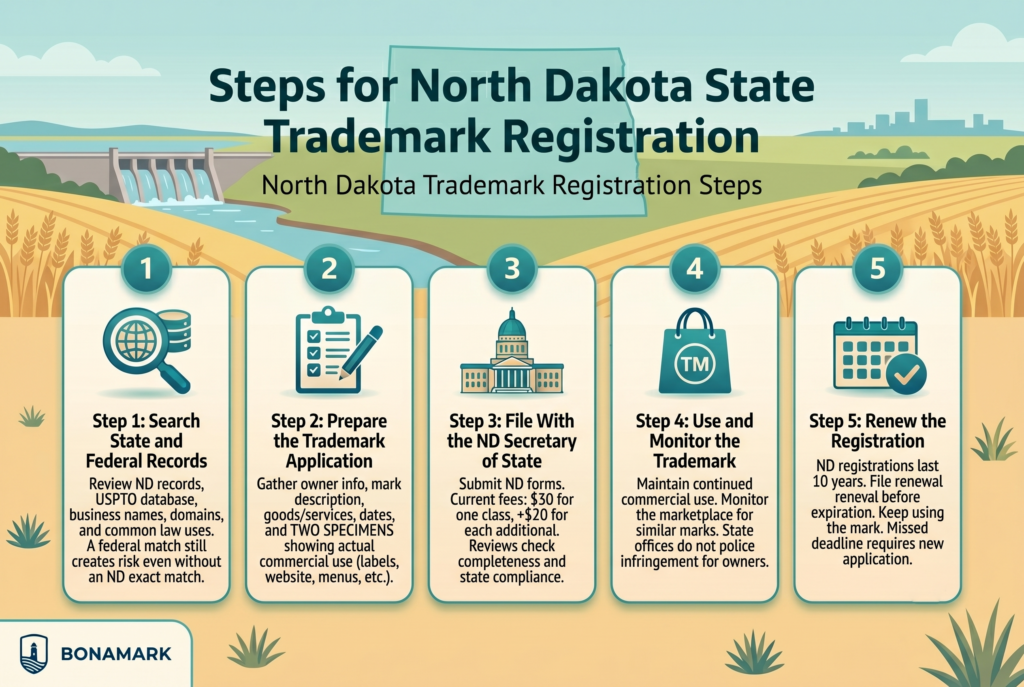 North Dakota Kansas trademark registration steps infographic