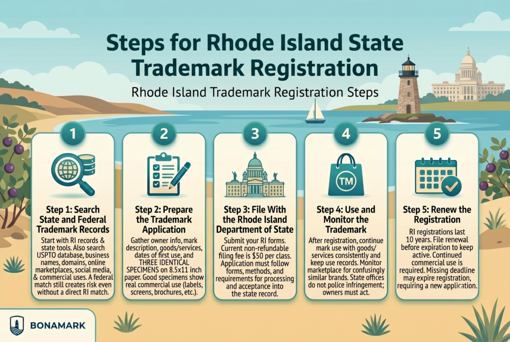 Rhode Island Kansas trademark registration steps infographic