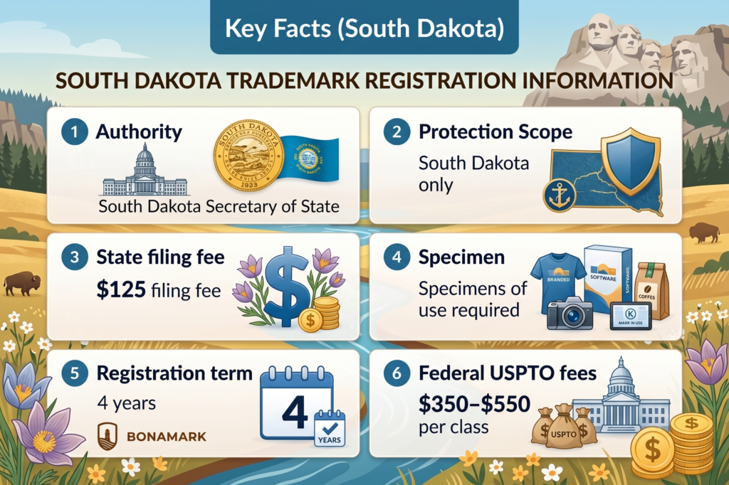 South Dakota Kansas trademark registration key facts infographic