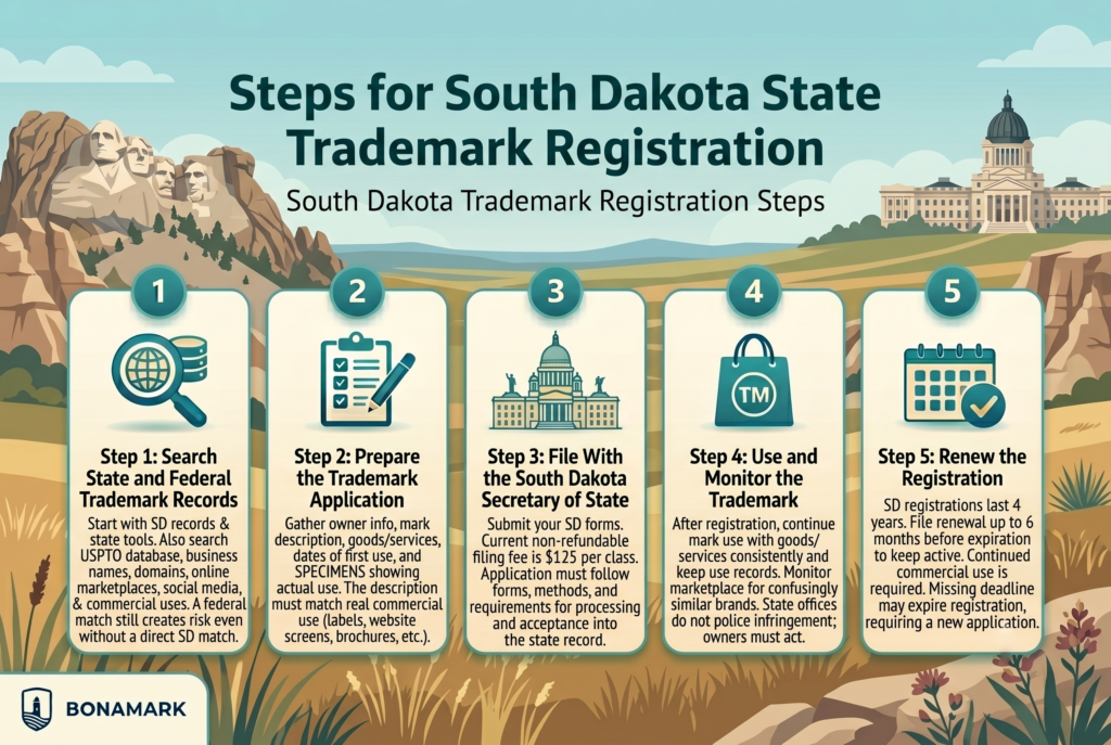 South Dakota Kansas trademark registration steps infographic