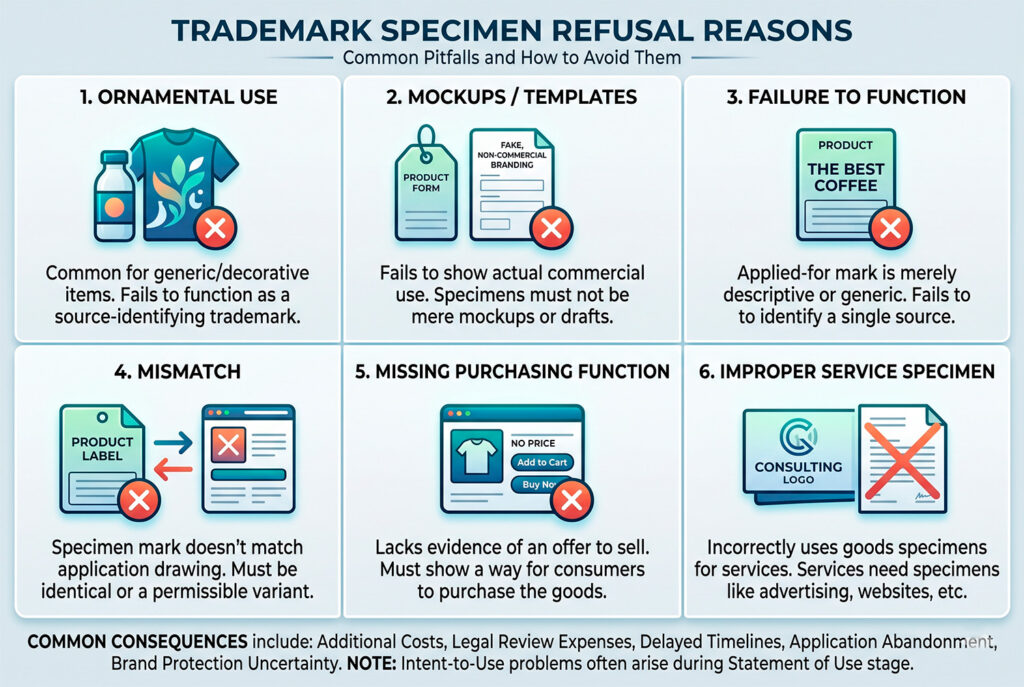 Six common USPTO trademark specimen refusal reasons