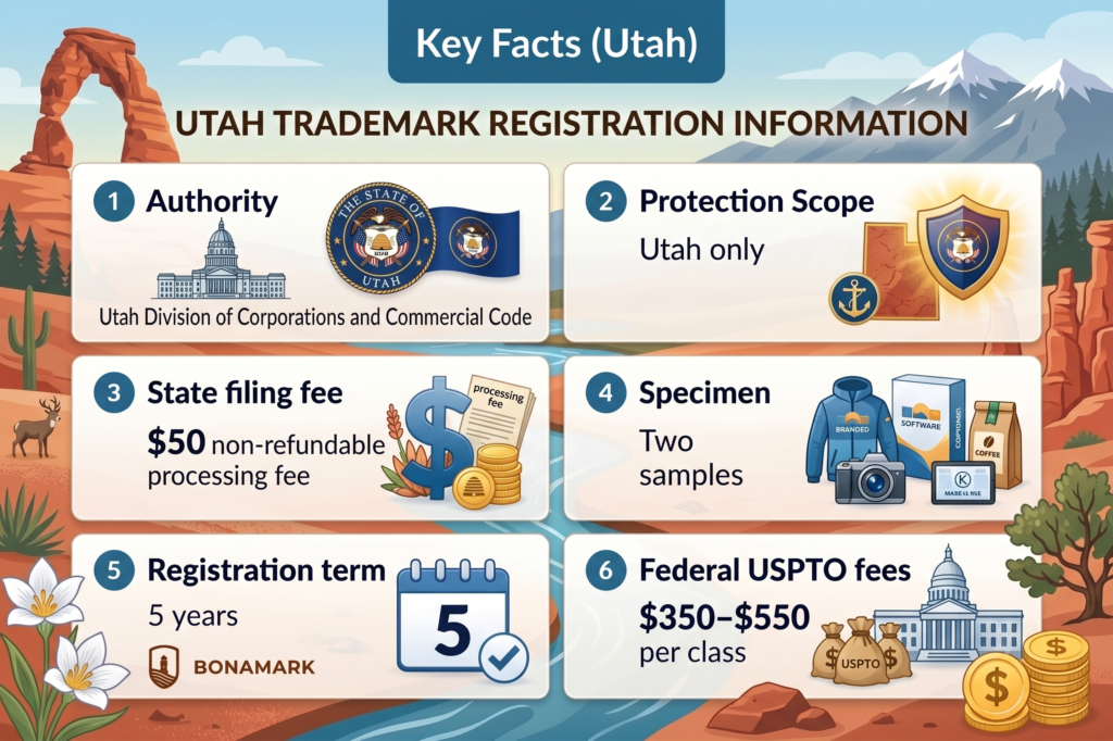 Utah Kansas trademark registration key facts infographic