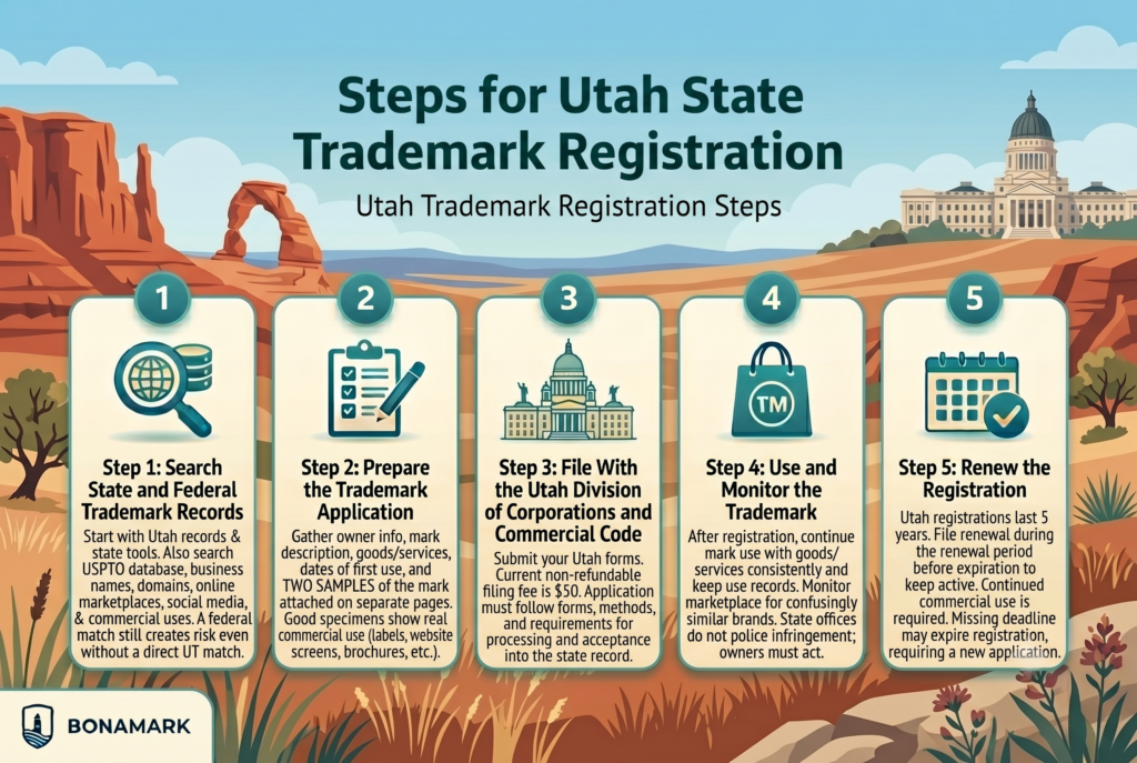 Utah Kansas trademark registration steps infographic