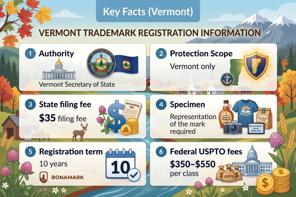 Vermont Kansas trademark registration key facts infographic
