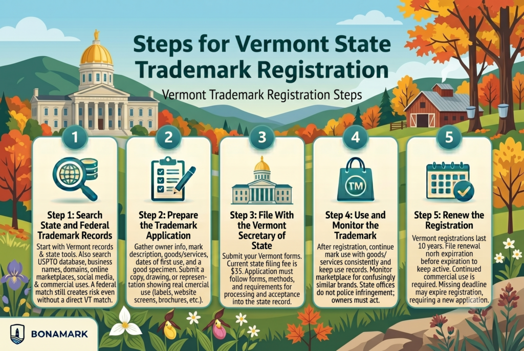 Vermont Kansas trademark registration steps infographic
