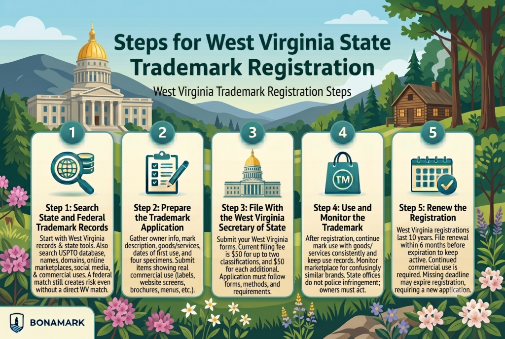 West Virginia Kansas trademark registration steps infographic