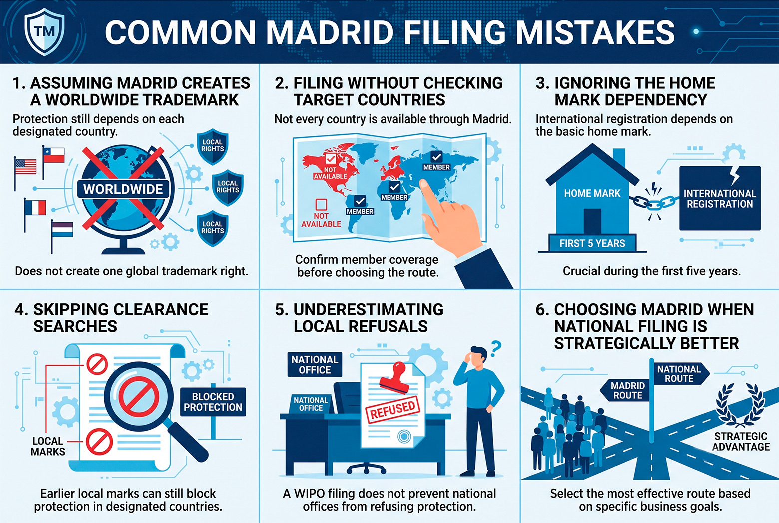 Common Madrid System trademark filing mistakes infographic