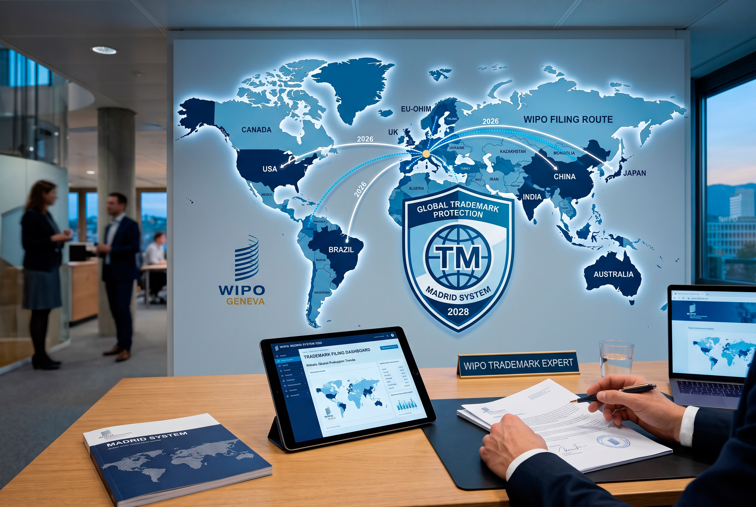 Madrid System international trademark registration illustration