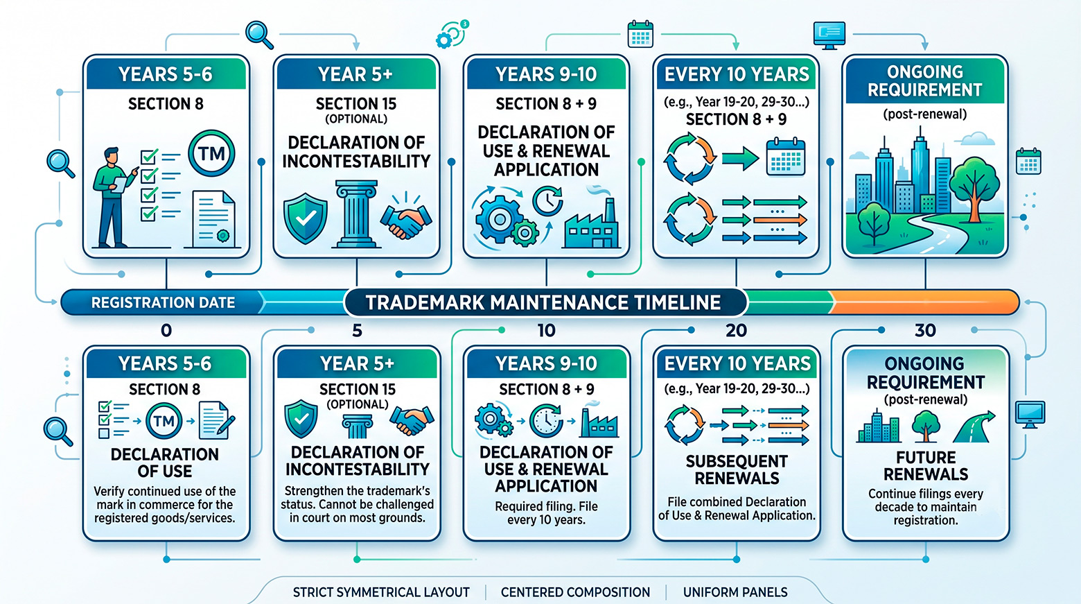 U.S. trademark maintenance timeline for Section 8 and Section 9 filings
